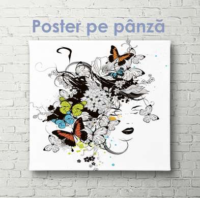 Poster - Fată cu fluturi, 100 x 100 см, Poster inramat pe sticla, Diverse