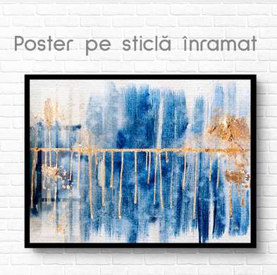 Постер - Голубые линии и золотые подтеки, 45 x 30 см, Холст на подрамнике, Абстракция