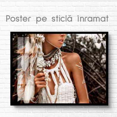 Постер - Портрет девушки в стиле Бохо, 90 x 60 см, Постер на Стекле в раме, Гламур
