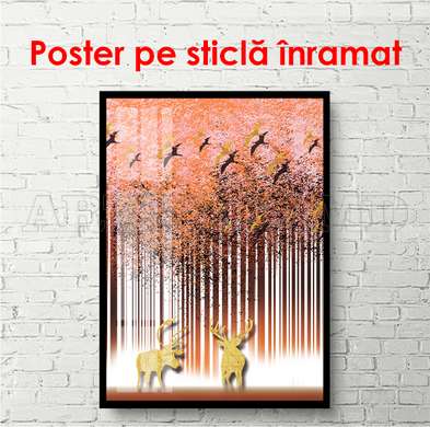 Poster - Pădurea abstractă cu păsări și elani, 30 x 60 см, Panza pe cadru, Glamour