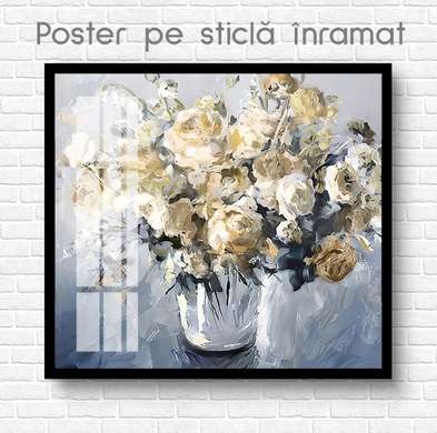 Постер - Бежевые цветы в вазе, 100 x 100 см, Постер на Стекле в раме