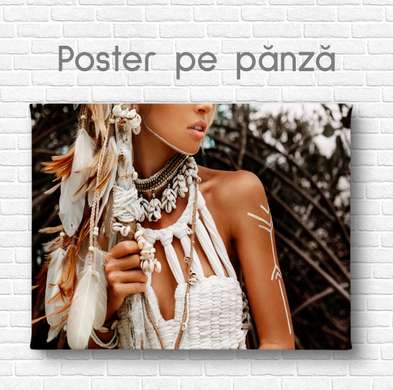 Постер - Портрет девушки в стиле Бохо, 90 x 60 см, Постер на Стекле в раме, Гламур