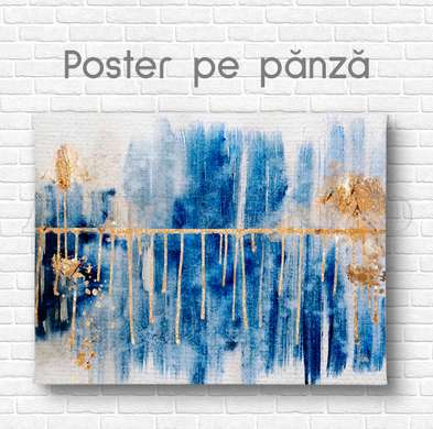 Poster - Linii albastre și pete aurii, 45 x 30 см, Panza pe cadru, Abstracție