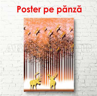 Poster - Pădurea abstractă cu păsări și elani, 30 x 60 см, Panza pe cadru, Glamour