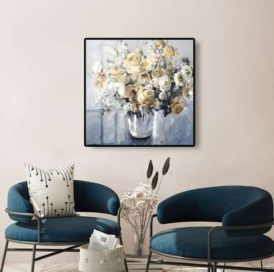 Постер - Бежевые цветы в вазе, 100 x 100 см, Холст на подрамнике