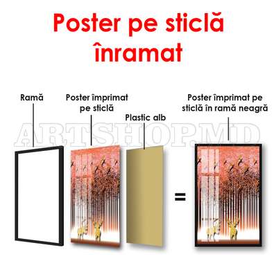 Poster - Pădurea abstractă cu păsări și elani, 30 x 60 см, Panza pe cadru, Glamour