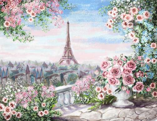 Фотообои - Красивый вид из балкона с розовыми цветами на Париж