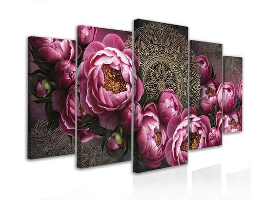Tablou Pe Panza Multicanvas, Bujori de roz și flori de Mandala cu contur auriu, 206 x 115