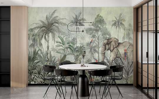 Wall mural - The elephant and the birds in the jungle
