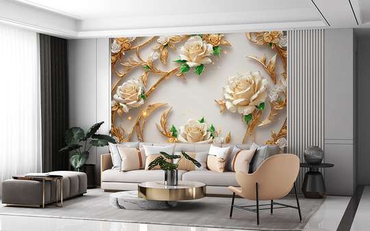 Wall mural - Beige roses with golden elements