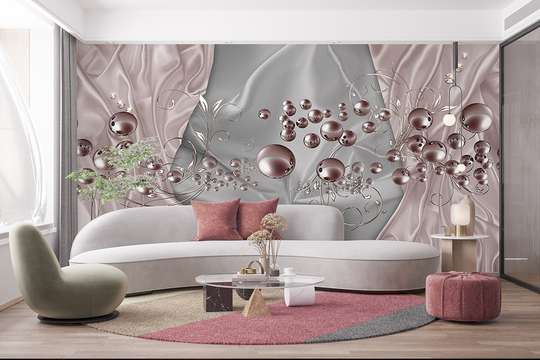 3Д Фотообои- Бледно-розовые сферы на атласно-сером фоне