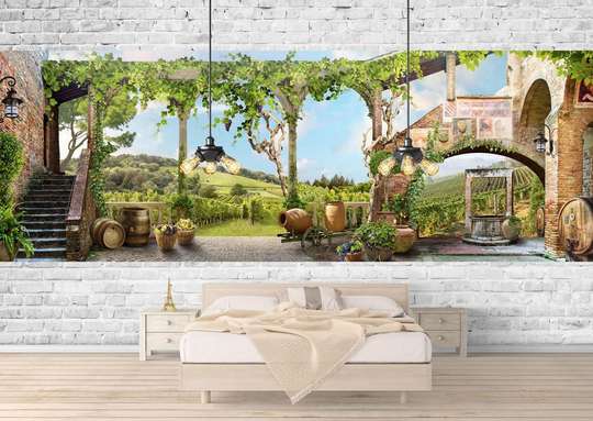 Wall mural with a view of the courtyard with greenery.