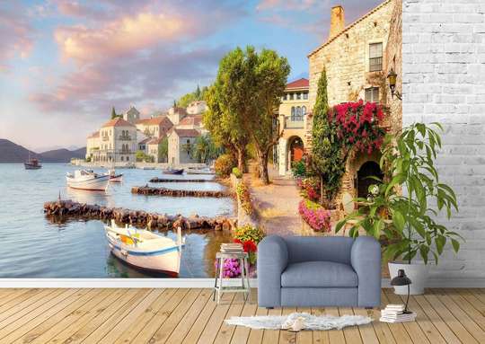 Wall Mural - Beautiful landscape by the lake with white boats.