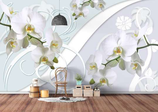Fototapet 3D - Orhidee albe pe un fundal 3D