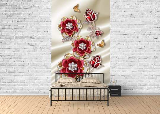 3D Wallpaper - Red brooch with flowers.