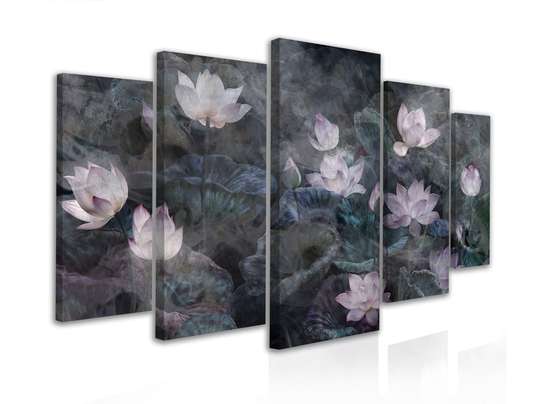 Tablou Multicanvas, Flori de Lotus pe fundal gri, 108 х 60