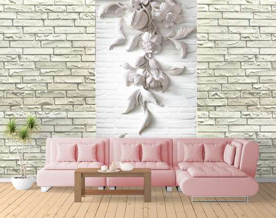 3D Wallpaper - Flowers on the background of a white brick wall