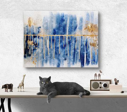 Poster - Blue lines and golden smudges, 45 x 30 см, Canvas on frame