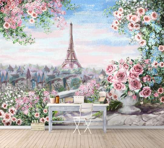 Фотообои - Красивый вид из балкона с розовыми цветами на Париж
