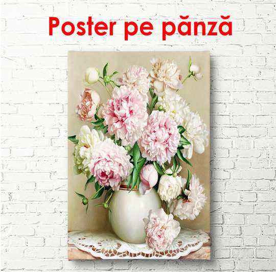 Постер - Белая ваза с розовыми пионами, 60 x 90 см, Постер в раме