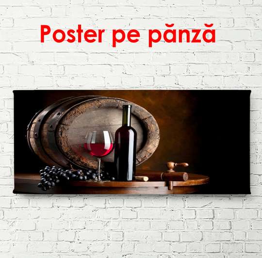 Постер - Красное вино на фоне бочки, 90 x 45 см, Постер в раме