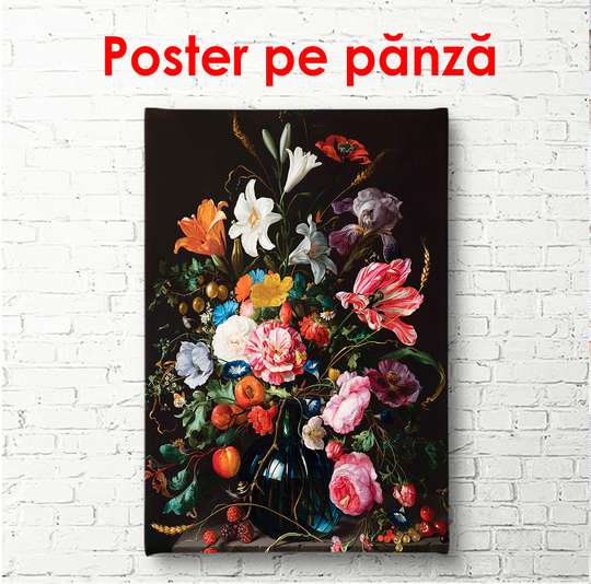 Poster - Buchet de flori pe fundal negru., 60 x 90 см, Poster înrămat