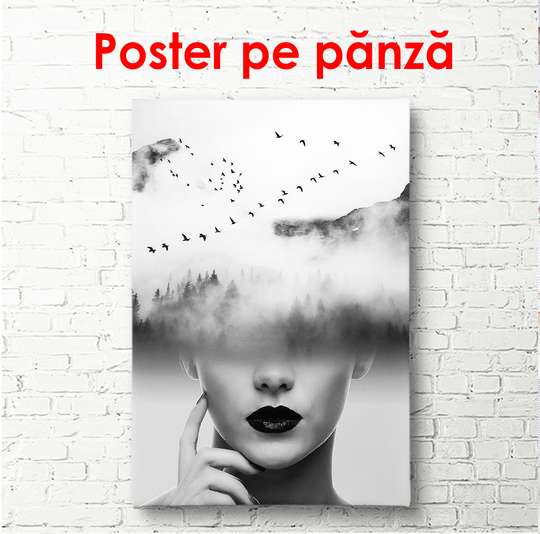 Постер - Черно белая девушка в облаках, 60 x 90 см, Постер в раме