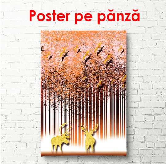 Poster - Pădurea abstractă cu păsări și elani, 30 x 60 см, Panza pe cadru, Glamour