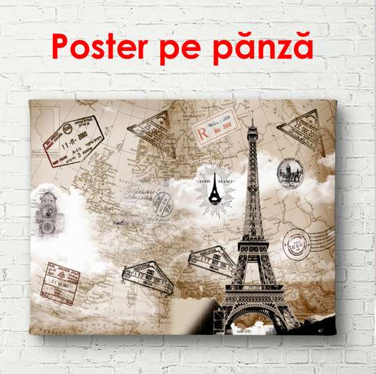 Постер - Ретро карта с Эйфелевой башней, 90 x 60 см, Постер в раме, Города и Карты
