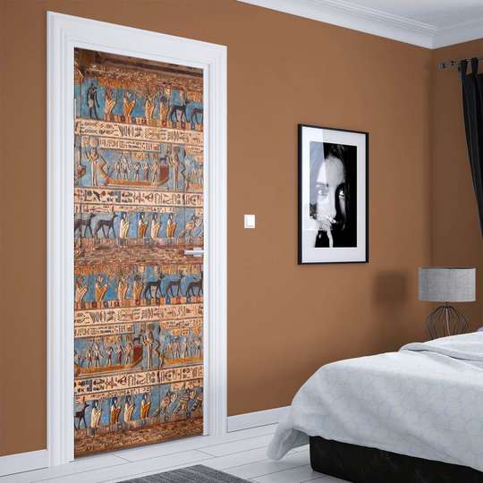Stickere 3D pentru uși, Rună egipteană pe un fundal albastru, 60 x 90cm, Autocolant pentru Usi