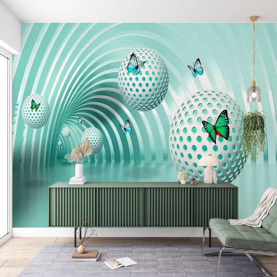 3D Wallpaper - Butterflies on the background of a green tunnel
