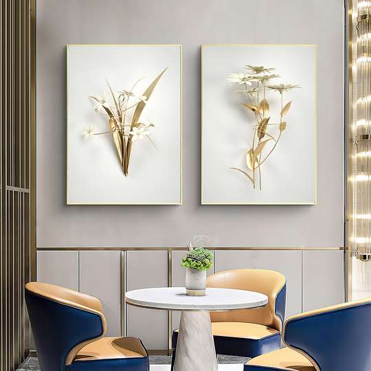 Постер - Белые цветы и золотые листья, 60 x 90 см, Постер на Стекле в раме, Наборы