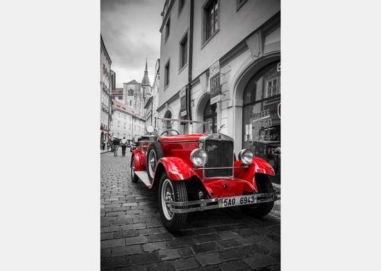 Wall Mural - Red car on a black and white city background.