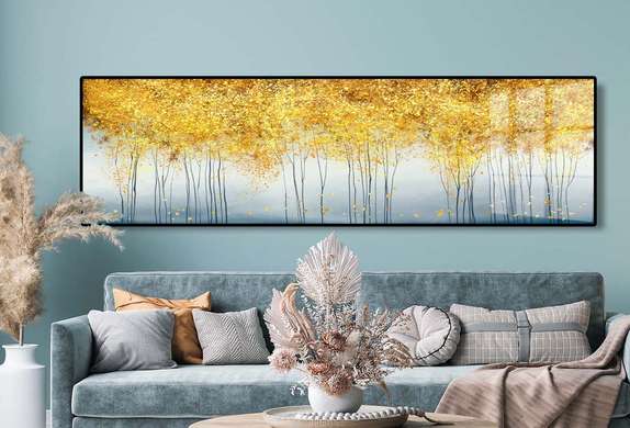 Poster - Golden trees, 150 x 50 см, Framed poster on glass