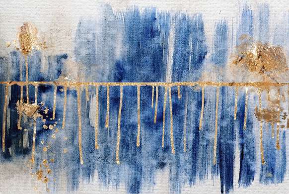 Постер - Голубые линии и золотые подтеки, 45 x 30 см, Холст на подрамнике, Абстракция
