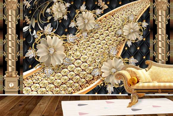 Wall Mural - Golden flowers on a black and gold background