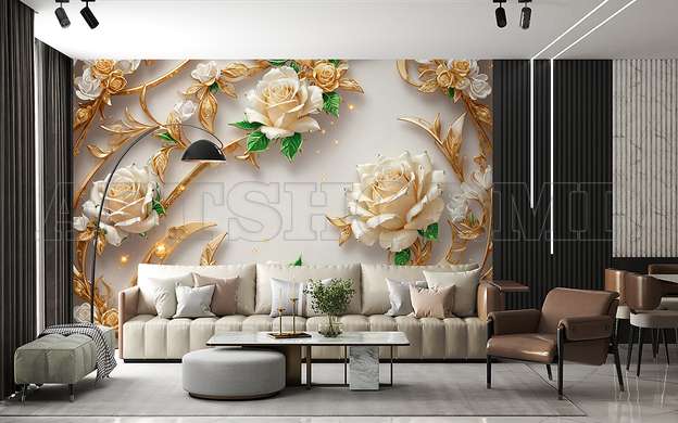 Wall mural - Beige roses with golden elements