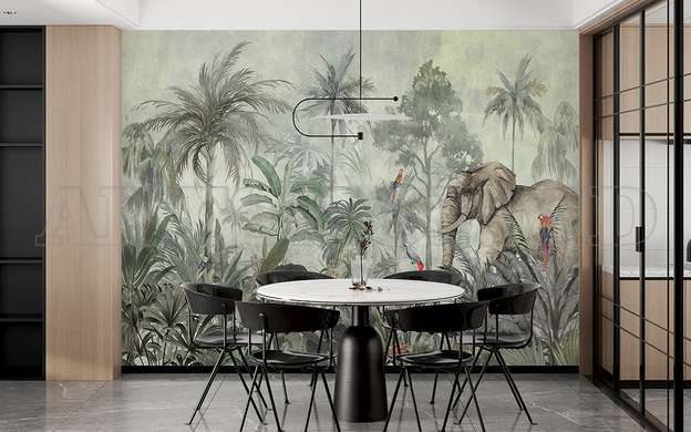 Wall mural - The elephant and the birds in the jungle