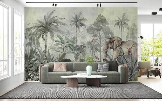 Wall mural - The elephant and the birds in the jungle