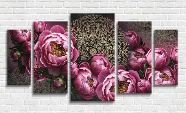 Modular picture, Burgundy peonies and mandala flowers with gold outlines, 206 x 115