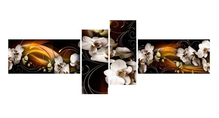 Modular picture, White orchids on a brown abstract background, 220 x 81,5