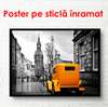 Poster - Yellow retro car on a black and white city background, 90 x 60 см, Framed poster, Transport