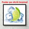Poster - Lime verde și cuburi de gheață pe un fundal alb, 100 x 100 см, Poster înrămat, Alimente și Băuturi
