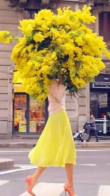 Poster - The girl in a yellow dress with a bouquet of flowers, 45 x 90 см, Framed poster on glass, Glamour