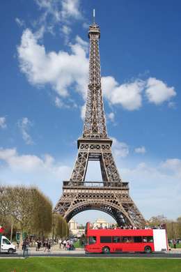 Poster - Autobuz roșu și Turnul Eiffel, 60 x 90 см, Poster inramat pe sticla, Orașe și Hărți