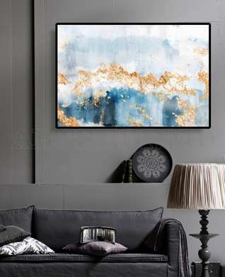 Poster - Blue shades and golden drops, 90 x 60 см, Framed poster on glass, Abstract