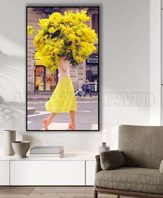 Poster - The girl in a yellow dress with a bouquet of flowers, 30 x 60 см, Framed poster, Glamour