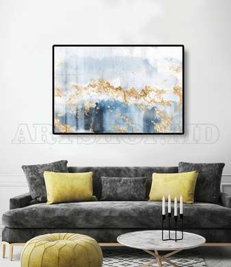 Poster - Blue shades and golden drops, 90 x 60 см, Framed poster on glass, Abstract