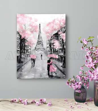 Poster - Paris in black and white with pink, 45 x 90 см, Framed poster on glass, Maps and Cities