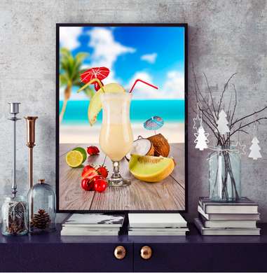 Poster - Milkshake with tropical fruits, 60 x 90 см, Framed poster on glass, Food and Drinks